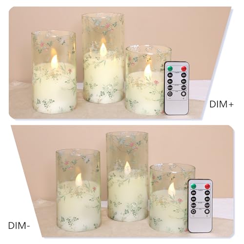 Image of Glass Flameless Candles Flickering Battery Operated LED Pillar Candles Set of 3 with Timer and and 10-Key Remote Green Branch Floral Spring Summer Theme for Wedding Festival Home Decoration