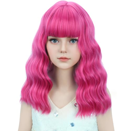 Image of Hot Pink Wig Short Hot Pink Wavy Curly Wigs Pink Wig with Air Bangs ynthetic Cosplay Hair Wig