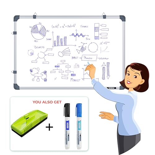 Image of GOSHU Aluminium Non Magnetic White Board 6 Feet X4 Feet Mdf Core Double Sided White And Chalk Both Side Writing Boards Includes One White Board Duster,Two Whiteboard Markers(6X4 Feet,Pack Of 4 Items)
