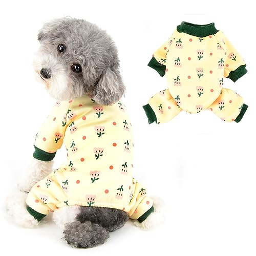 Ranphy Dog Pajamas for Small Dog Plain Fleece Pet Pjs with Floral Printed Soft Comfortable Puppy Pyjamas Autumn Winter Warm Pullover Chihuahua Yorkie Cat Apparel