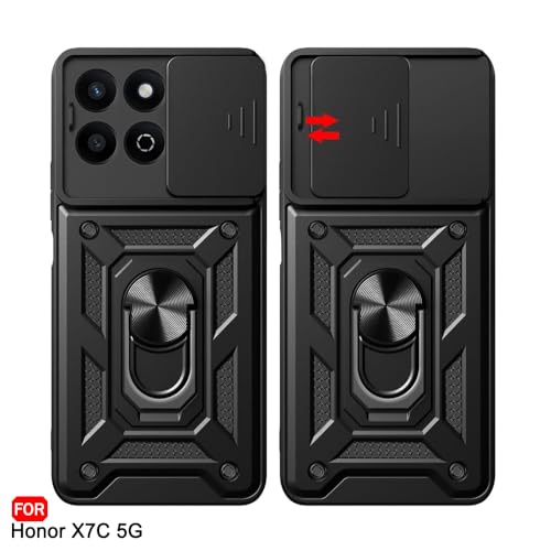 Image of TheGiftKart Tough Armor Bumper Back Cover Case for Honor X7C 5G | Kickstand & Ring Holder | 360 Degree Protection Back Cover Case for Honor X7C 5G (PC & TPU, Sliding Camera Cover, Black)