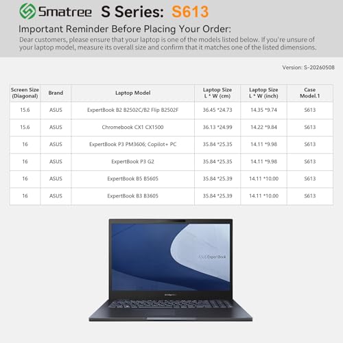 Image of Smatree SlimPro Laptop Case for 15.6 inch ASUS ExpertBook B2 B2502C | Compatible for ExpertBook B2 Flip B2502F, Chromebook CX1 CX1500, ExpertBook P3 PM3606 /P3 G2 /B5 B5605 /B3 B3605, Case(S613)