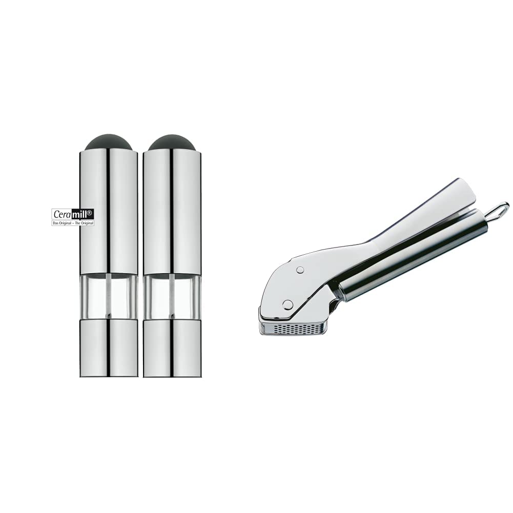 WMF Elektrische Mühle Set 2-teilig, 21 cm, Salz und Pfeffermühle unbefüllt, LED-Leuchte, Edelstahl, Glas& Profi Plus Knoblauchpresse 17,5 cm, Cromargan Edelstahl teilmattiert, spülmaschinengeeignet