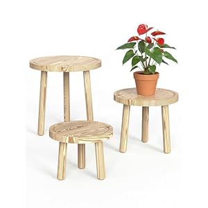 NiHome 3-Pack Wooden Plant Stands Indoor, Solid Wood Plant Pot Stand Set with 3 Heights, Round Plant Stool Display for Flower Pots, Living Room, Bedroom & Home Decor