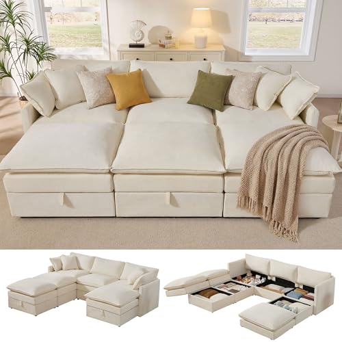 Image of Ihanherry Oversized Sectional Sofa Bed with Storage, 103 inch 6-Seater Modular Cloud Couch with Movable Ottomans, Chenille Deep Seat Sleeper Couches for Living Room (Beige)