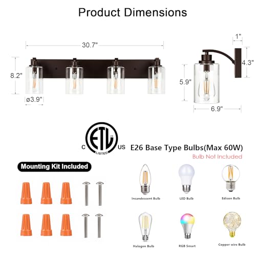 Image of 4-Light Bathroom Light Fixtures Modern ORB Vanity Lights | Easy to Install Clear Glass Shades, Wall Mount Up or Down, E26 Socket, Hardwired, 122V
