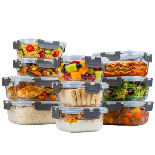 SELECTSHOP Set De 10 Recipientes De Vidrio Herméticos Contenedores Para Almacenamiento De Alimentos Con Tapas De Cierre Fácil y a Prueba De Fugas...
