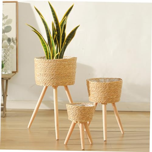 FUNOMOCYA Floor Planter Woven Wicker Basket Flower Stand Indoor Plant Base Simple Rattan Plant Stand Wooden Flower Stool - Image 3