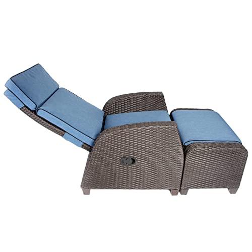 Vowtick Patio Outdoor Recliner Chair Set Of 2, Wicker Reclining Patio Chair Adjustable W/Ottoman,Patio Lounge Chair,Patio Furniture For Garden Poolside Balcony (Brown+Blue, 2Set Recliner+Ottoman) #TOP5