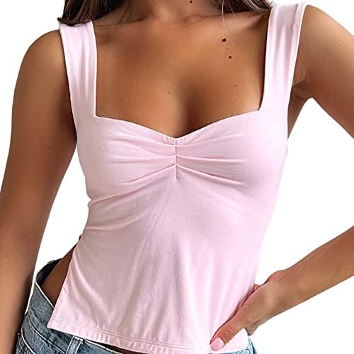 NTSWZYS Womens Sleeveless Strappy Crop Tank Top Skinny Pleated Bustier Sweetheart Neck Going Out Crop Tops Y2K Sexy Slits Cami Shirt (FT-Pink,XS)