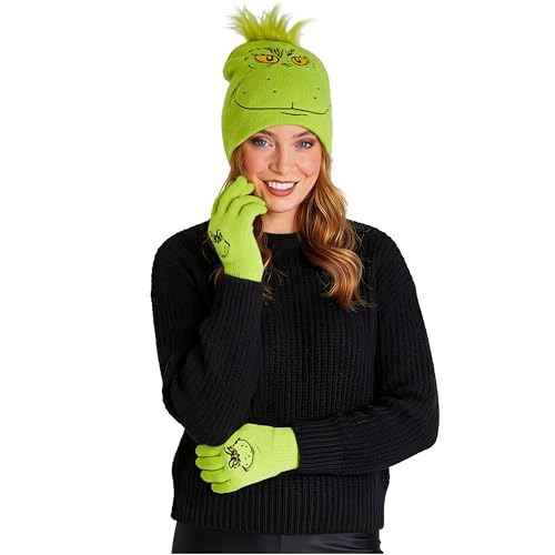 The Grinch Gorro y Guantes Mujer o Gorro Invierno con Manoplas, Regalo de Festivo, Amigo Invisible para Adolescentes, Mujeres, Adultos (Verde 2 piezas, 16+ Años)