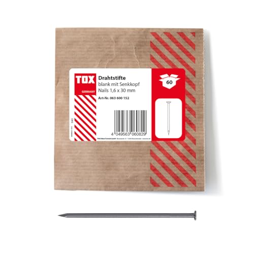 TOX 1.6x30 mm countersunk Head Nails for Simple Joints of Wooden and Flat Surfaces, Bare Steel, 60 pcs. in Lockable and Environmentally Friendly Paper Packaging, 063600152