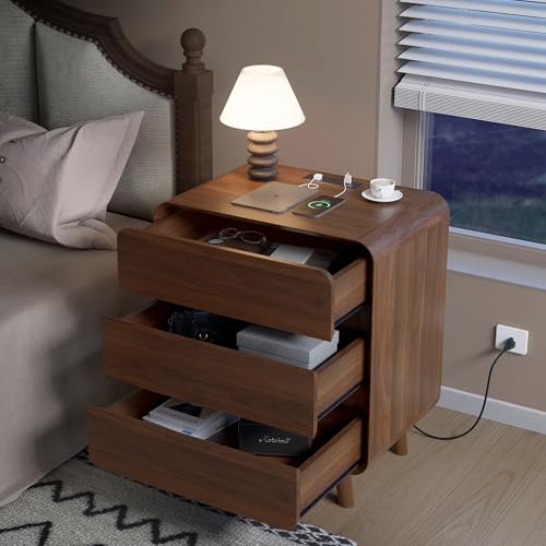 Image of Nasonet Nightstand with Charging Station, Large Mid Century Modern Nightstand with 3 Drawers, Wood Bedside Table for Bedroom, Curved Beveled Design, Walnut