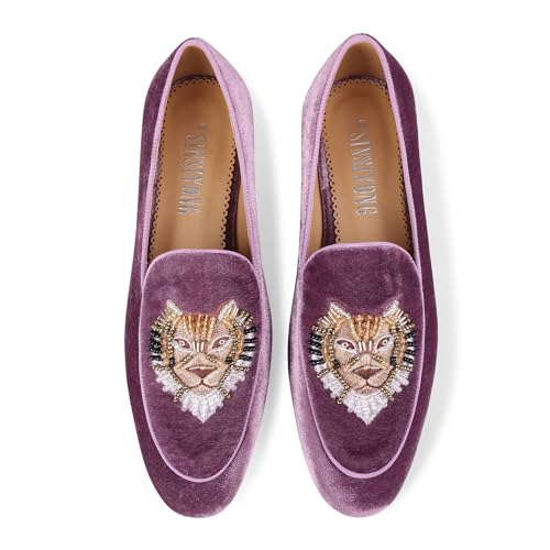 Image of Embroidered Loafers for Women Round Toe Chunky Heel Velvet Flats with Lion Head Pattern Wide Width Dress Casual Shoes
