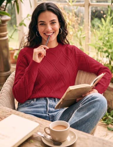 LOMON Ladies Sweaters Cable Knit Sweater Long Sleeve Casual Tops, Red L - image 5