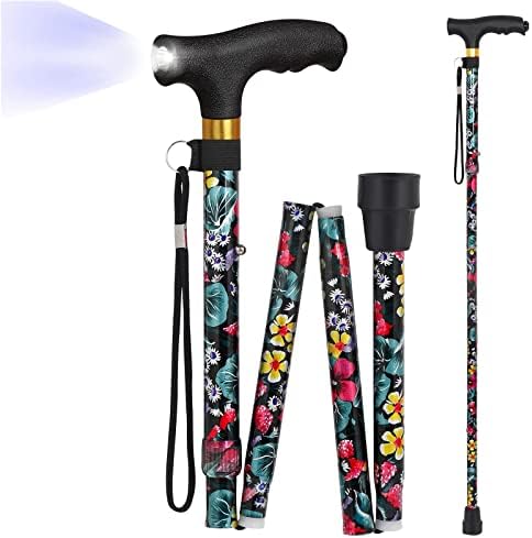 JUNRA Walking Folding Cane with LED Light for Women and Men, Portable Foldable Cane, Collapsible Aluminium Cane, Lightweight and Adjustable Walking Sticks for Seniors Balance