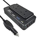 200W Portable Car Power Inverter 12V to 230V DC to AC Converter with Cigarette Lighter Plug, 2 AC Sockets 4 USB Ports Fast Charging LED Digital Display Multiple Protection for Camping Road Trips