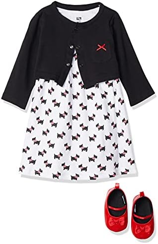 Hudson Baby Baby Girl Cotton Dress, Cardigan and Shoe Set, Scottie Dog, 12-18 Months
