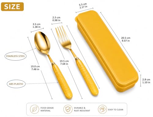Image of JAXHOM Golden Stainless Steel Spoon and Fork Set - Durable Flatware with Plastic Handles & Travel-Friendly Case - Ideal for Lunchboxes, Camping, Office, School & On-the-Go Meals (C-6)