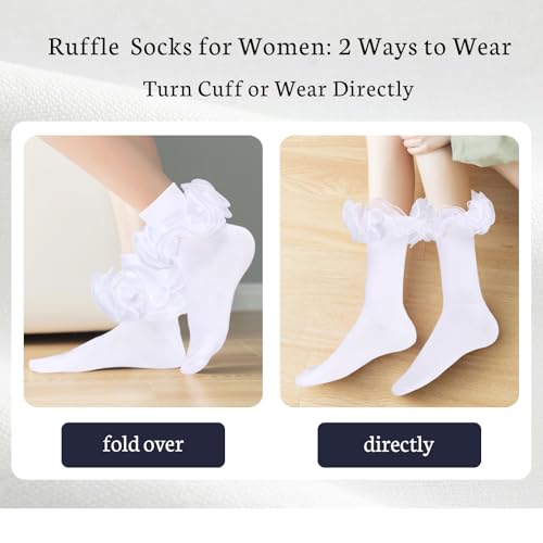 Women White Ruffle Socks Turn Cuff, Double Lace Ankle Socks Cotton Lace Frilly for Ladies(Size 6.5-9.5, 3 Pairs)3