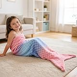 ABOHU Meerjungfrauen Schwanzdecke, weiche Flanelldecke, Meerjungfrauenflosse Mädchen, Plüsch Meerjungfrau Decke, 140×60cm tragbare Kuscheldecke für Kinder Geburtstag Weihnachten Geschenk