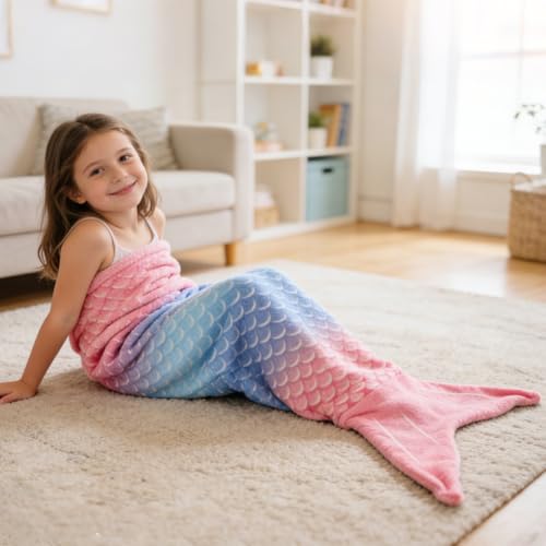 ABOHU Meerjungfrauen Schwanzdecke, weiche Flanelldecke, Meerjungfrauenflosse Mädchen, Plüsch Meerjungfrau Decke, 140×60cm tragbare Kuscheldecke für Kinder Geburtstag Weihnachten Geschenk