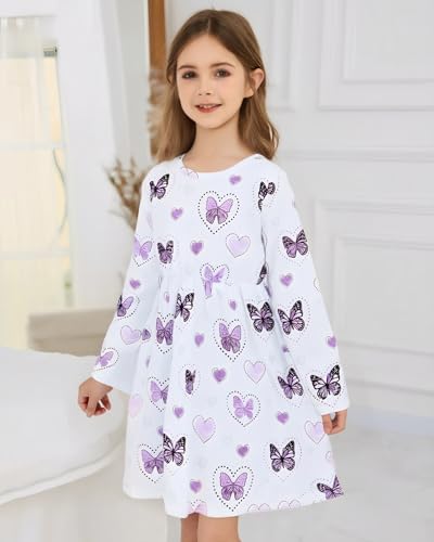Girls Long Sleeve Dress: 2-Pack Soft Ribbed Ruffles Unicorn Print Toddler Girl Dresses for Casual Birthday Party 2-7Y3