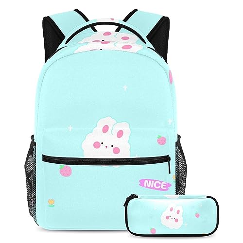 Sac à dos lapin mignon avec trousse pour l'école et voyage des enfants et ados