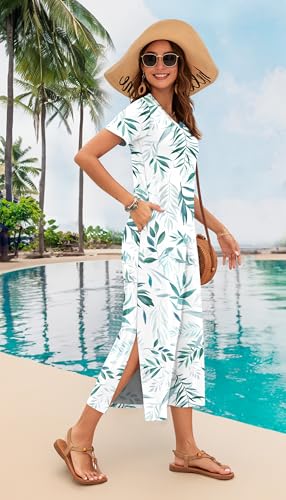 Image of MISFAY Womens Maxi Dress Short Sleeve V Neck Loose with Pockets | Soft stretchy breathable, v neck loose fit, side split hem, two side pockets, casual daily beach vacation travel dress