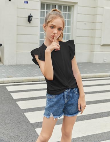 Image of Arshiner Girls Shirt - Short-Sleeve Twist Front T-Shirt for Girls with Cute Flying Sleeves - Summer Blouse Tunic Tee Tops
