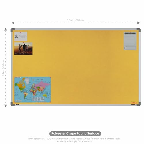 Image of Scholar Art Metis 3x5 Feet Bulletin Board for Home, Office & School | Vibrant & Versatile Crape Cloth + High Density Soft Board for Pinning Photos, Sticky Notes & Reminders (Yellow)