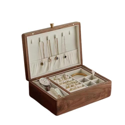 Bescott 2 Layer Solid Black Walnut Wooden Jewelry Box for Women Wood Vintage Organizer for Men Earrings Rings Necklaces Bracelet Watch Storage