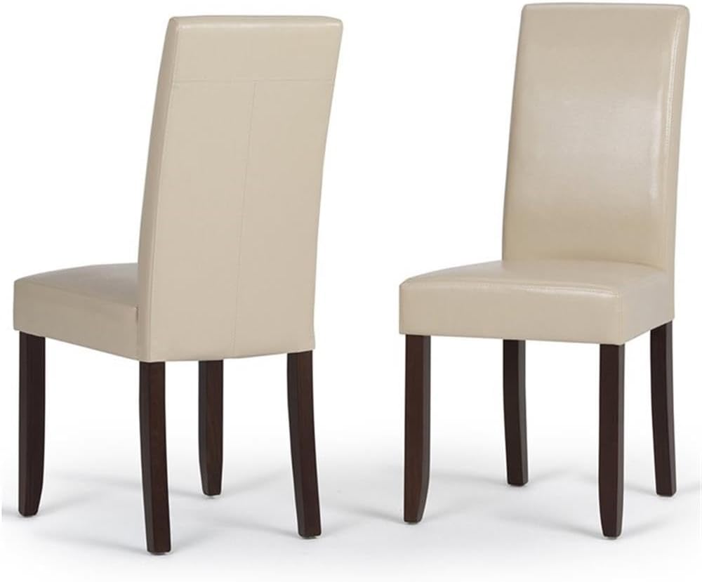 Pemberly Row Parson Dining Chair Set of 2, Satin Cream Faux Leather, Solid Wood Legs, 40 in High Upholstered Seating, Brown Finish, Contemporary Design for Dining Room or Kitchen
