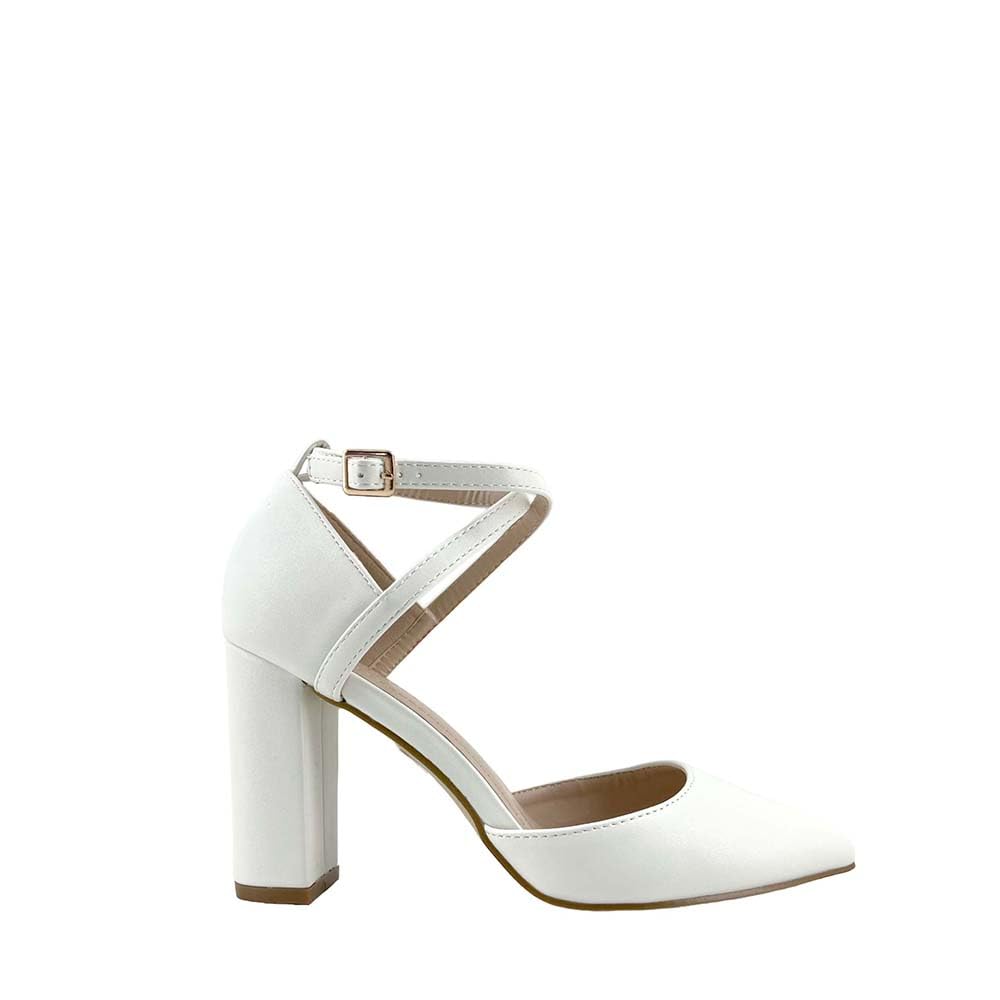 MODELISA Zapatos De Tacón Ancho Salón PU Hebilla Pulsera Tobillo Fiesta Boda Novia Mujer (Blanco, 36)