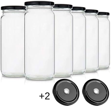 Glass Smoothie Jars with Lids for Drinking and Storage - Set of 6 | Water Bottle or Reusable Container for Juice, Milk, Kombucha, Bulk Foods, Beverages | 16 Oz Clear with Wide Mouth | Bonus Straw Lid