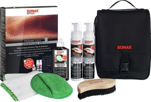 SONAX PREMIUM CLASS LederPflegeSet (3x 250 ml) inkl. 2x LederReiniger, 1x LederPflegeCreme, 1x MicrofaserTuch, 1x MicrofaserPflegePad, 1x IntensivreinigungsBürste | Art-Nr. 02819410