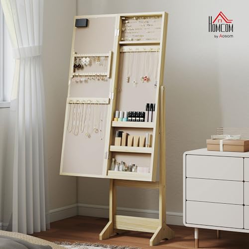 HOMCOM Espejo Joyero con Luces LED, Armario para Joyas, Armario Joyero de Pie con Espejo Entero, Ángulo Ajustable, con Estantes, Ranuras para Anillos, Madera Natural - imagen 2