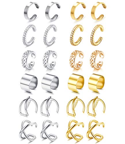 LOYALLOOK 12Pairs Stainless Steel Ear for Women Cuff Helix Cartilage Clip on Earrings Non Piercing Cartilage Earrings, Gold+Silver