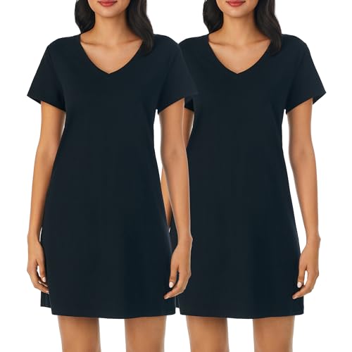 Image of Nautica Womens Sleep Shirt Dress - Cotton Knit Jersey V-Neck Pajama Top - Lightweight & Breathable Sleepwear Loungewear