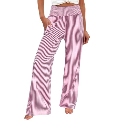 szvbofueck Pantalones de lino ligeros para mujer, pantalones de verano a rayas, pantalones de pijama de algodón, pantalones de tela Y2K, pantalones de ocio, cintura elástica, pantalones rectos
