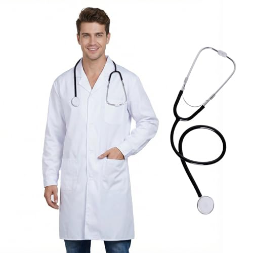 mifengda Scientist Doctor Costume Women Men Halloween White Long Button Sleeve Lab Coats Unisex Nurse Accessories with Stethoscope (Large)