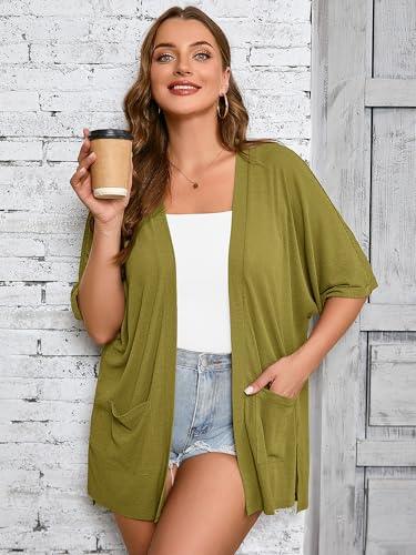 Image of AusLook Plus Size Cardigan for Women Short Sleeve Lightweight Open Front Shrug with Pockets for Dresses and Layering 1X-5X