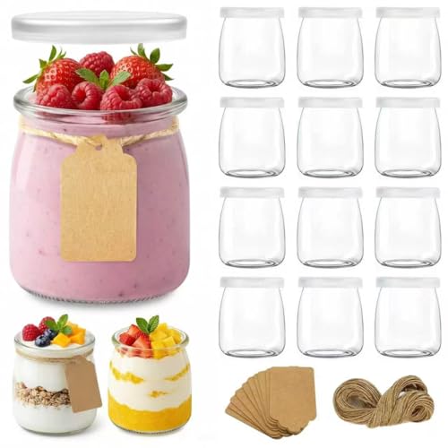Hbazzor 200ml pot yaourt en verre avec couvercle -12 pièces petit pots en Verres à dessert transparents avec couvercle pour pudding, desserts, yaourt...