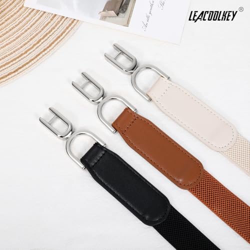 LEACOOLKEY 3 Pack Women's Stretchy Waist Belts Retro Ladies Alloy Buckle Elastic Belt for Dresses2