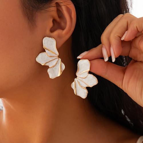 Floral Statement Earrings for Women Large Big Unique Vintage Flower Leaf Butterfly Irregular Dangle Earrings Perfect for Wedding Birthday Gifts Trendy Jewelry Gold White3