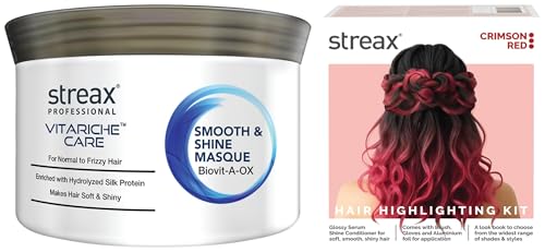 Streax Vitariche Care Smooth And Shine Masque, Fresh Fragrance For Dry Hair Type, 200G,1 Count Hair Colour Highlight Kit | Red Hair Colour, Crimson Red – Pack of 1