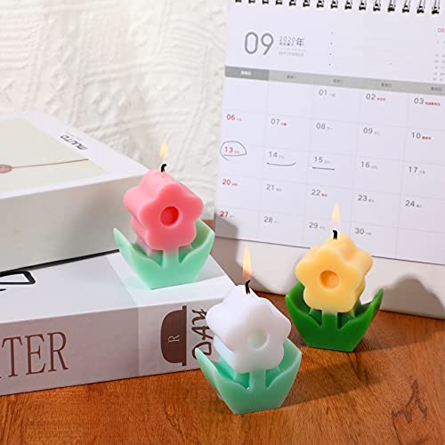 3 Pcs Flower Shaped, Aesthetic, Cool, Cute, Danish Pastel Room Decor Paraffin Soy Funky Scented Candle Bridal Showers For Gift Wedding Party Favors (Pink, White, Yellow) #TOP5