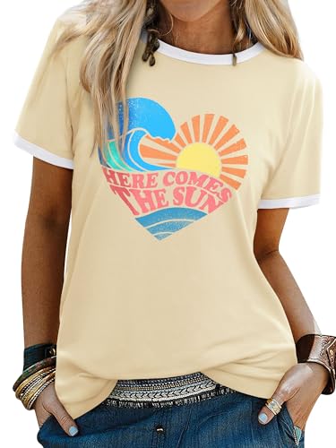 WIEIYM Ladies T Shirts Love Heart T Shirt Sun Wave Sea Graphic Print Slogan Tee Women Summer Holiday Beach Hawaiian T-Shirt Unisex Crew Neck Short Sleeve Tops Beige