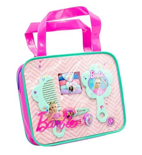 Joy Toy - Barbie Haarschmuckset mit 2 Glitzerhaarspangen, 4 Haarbänder, Kamm und Spiegel im Glitzertäschchen 19x4x16 cm