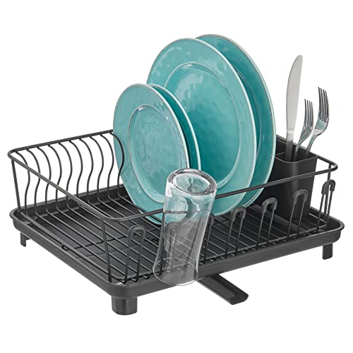 mDesign Alloy Steel Sink Dish Drying Rack Holder with Plastic Swivel Spout Drainboard Tray - Dish Rack/Dish Drainer Storage Organizer for Kitchen Counter - Concerto Collection, Matte Black